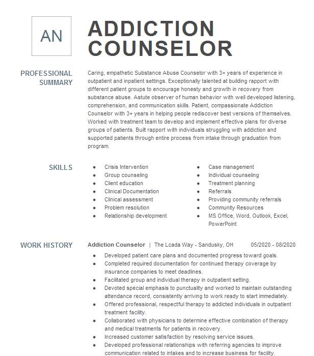 Addiction Counselor Resume Example Institute For Community Living ...