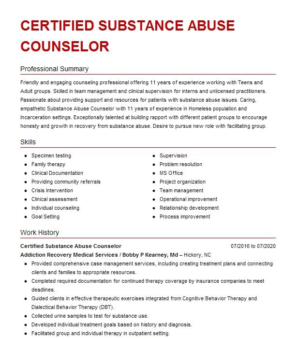 Certified Substance Abuse Counselor  CSAC Resume Example Greensboro ...