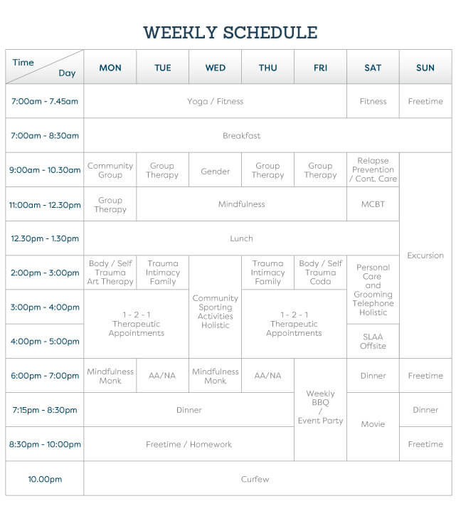 Weekly Rehab Schedule at The Cabin Chiang Mai
